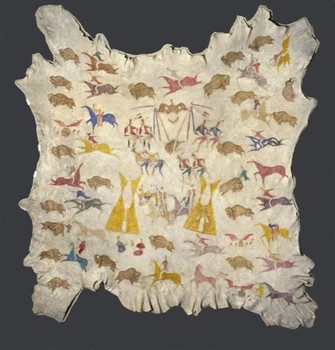 Also at the Brooklyn Museum: A painted elk hide robe by Shoshone artist Cadzi Cody (Cosiogo), circa 1900, depicts tipis, buffalo and people.